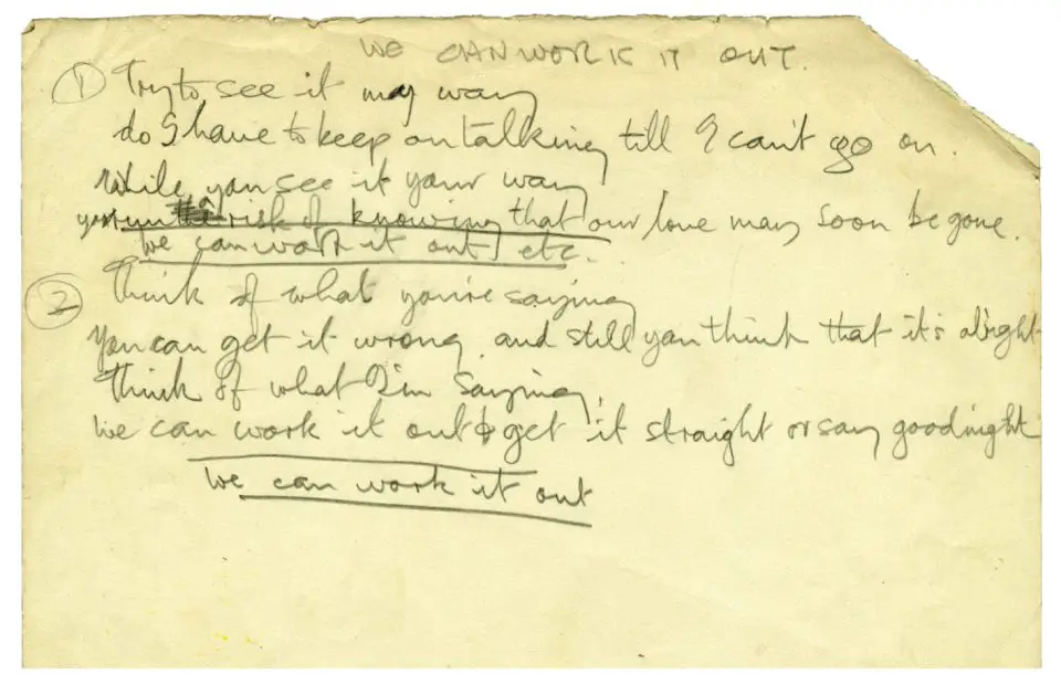 Paul McCartney's handwritten lyrics for We Can Work It Out