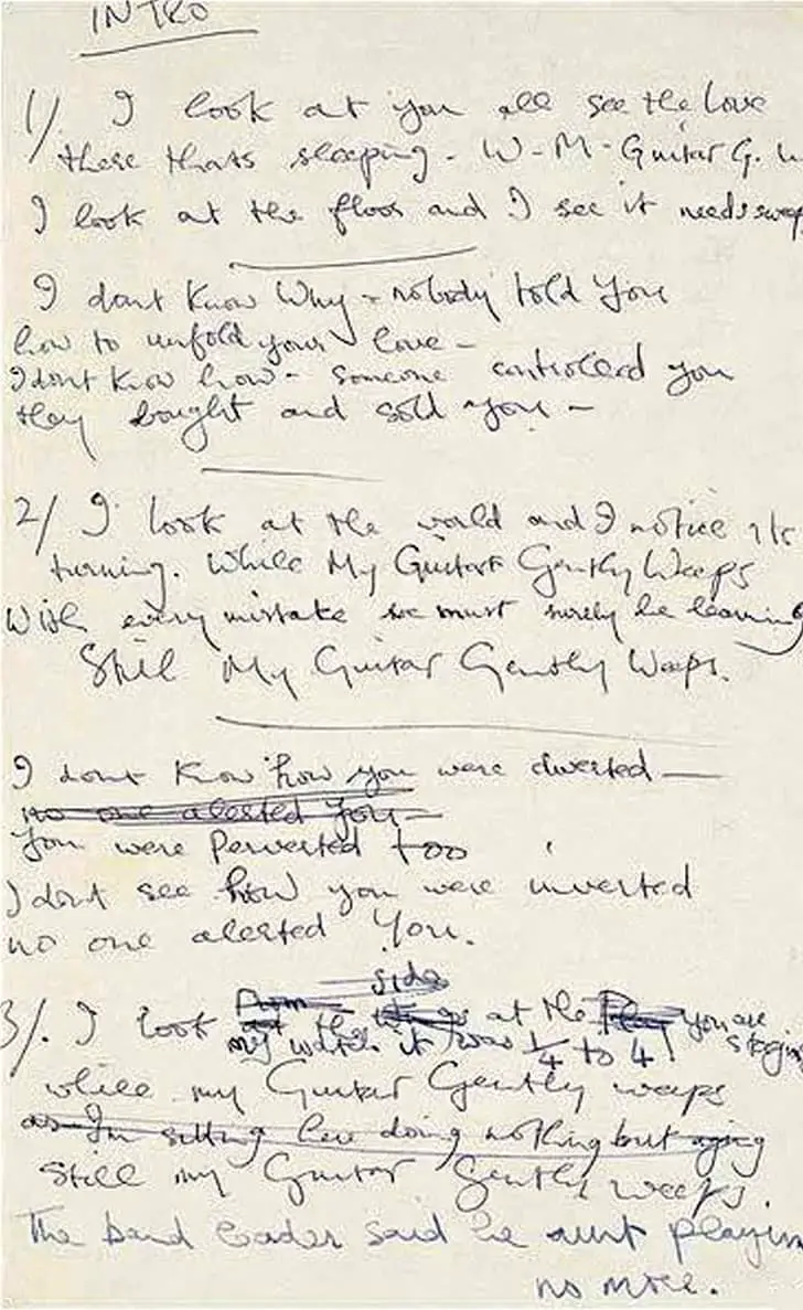 George Harrison's handwritten lyrics to While My Guitar Gently Weeps