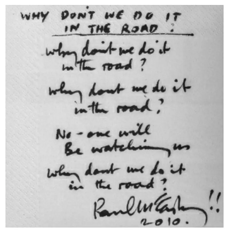 Paul McCartney's handwritten lyrics for Why Don't We Do It In The Road?