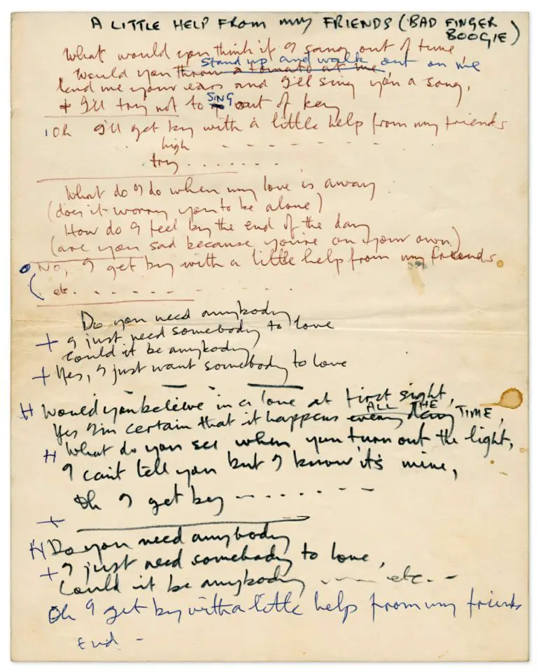 Paul McCartney's handwritten lyrics for With A Little Help From My Friends