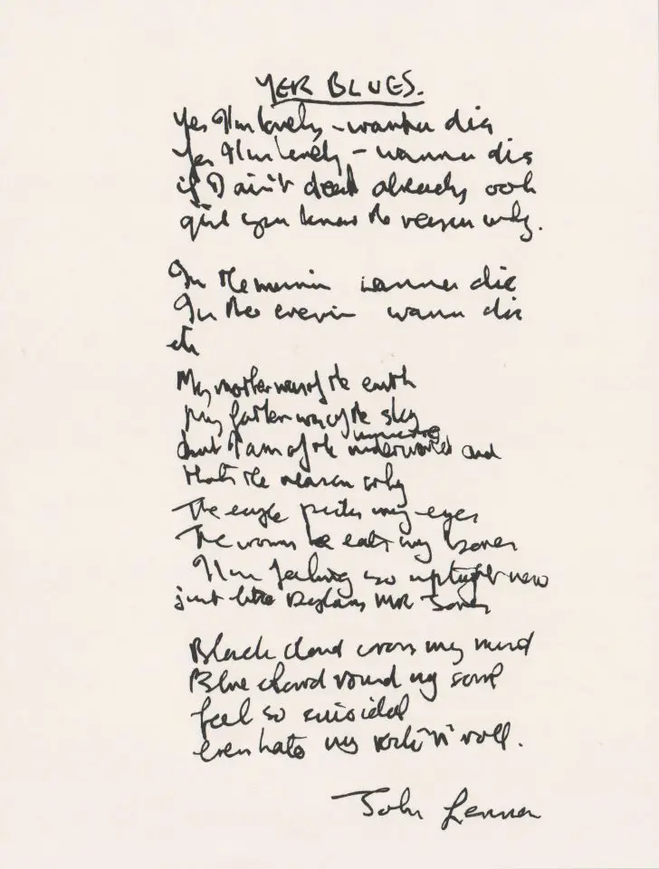 John Lennon's handwritten lyrics for Yer Blues