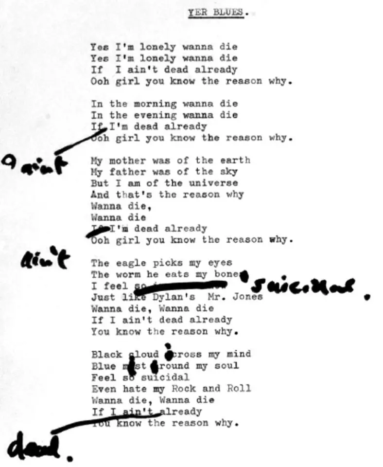 John Lennon's lyrics for Yer Blues