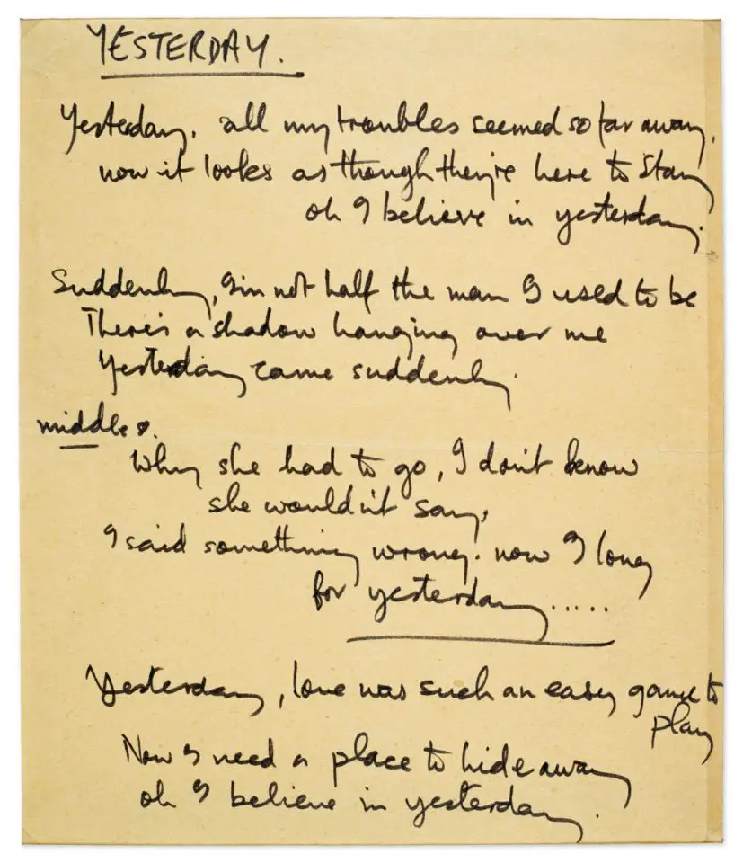 Paul McCartney's handwritten lyrics for Yesterday
