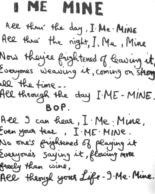 George Harrison's handwritten lyrics for I Me Mine