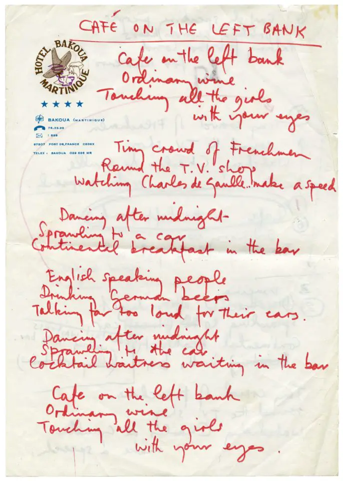 Paul McCartney's handwritten lyrics for Café On The Left Bank