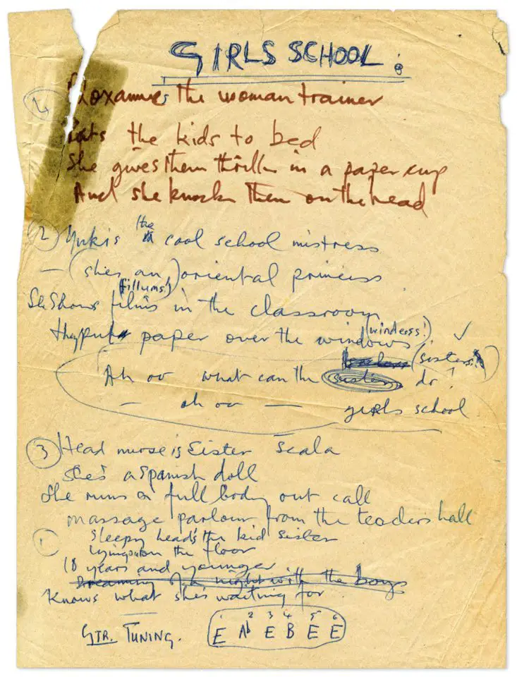Paul McCartney's handwritten lyrics for Girls School