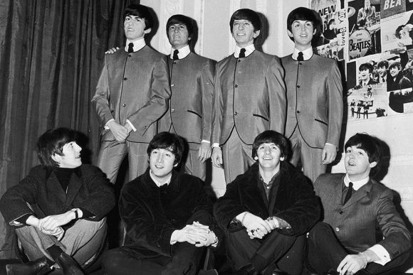 The Beatles with their Madame Tussaud's waxwork figures, London, 29 April 1964