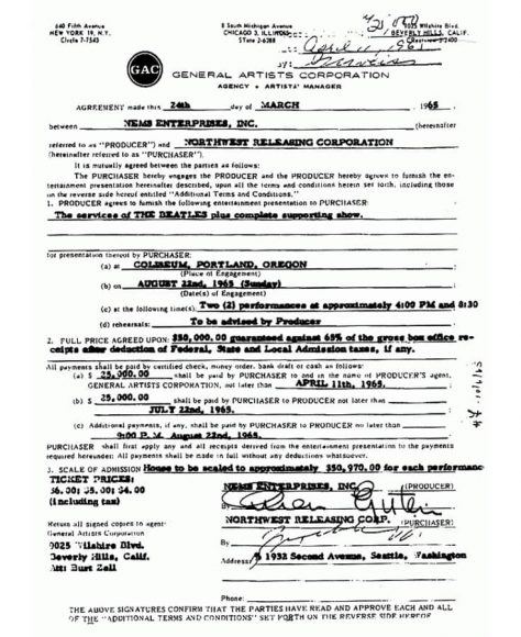 The Beatles' contract for performances at Portland Coliseum, 22 August 1965 - part one