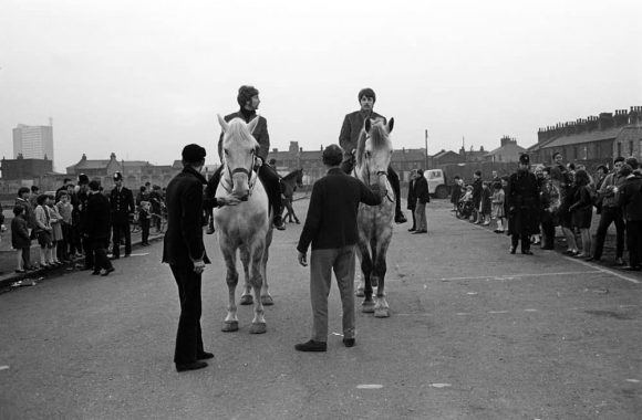 John Lennon and Paul McCartney on horseback filming the Penny Lane promo, 5 February 1967