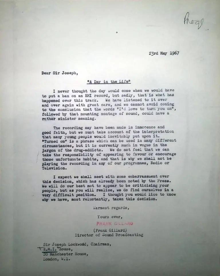 BBC letter informing EMI of the ban of A Day In The Life