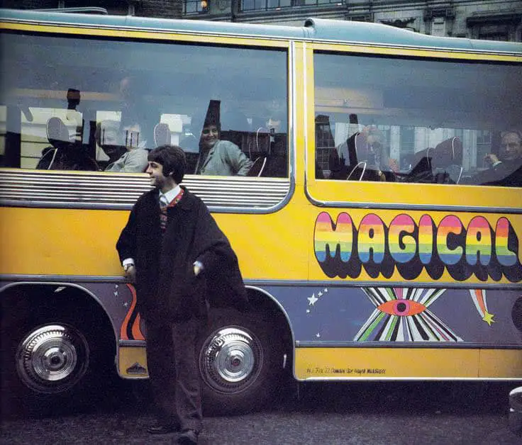 Paul McCartney with the Magical Mystery Tour coach, Teignmouth, 11 September 1967