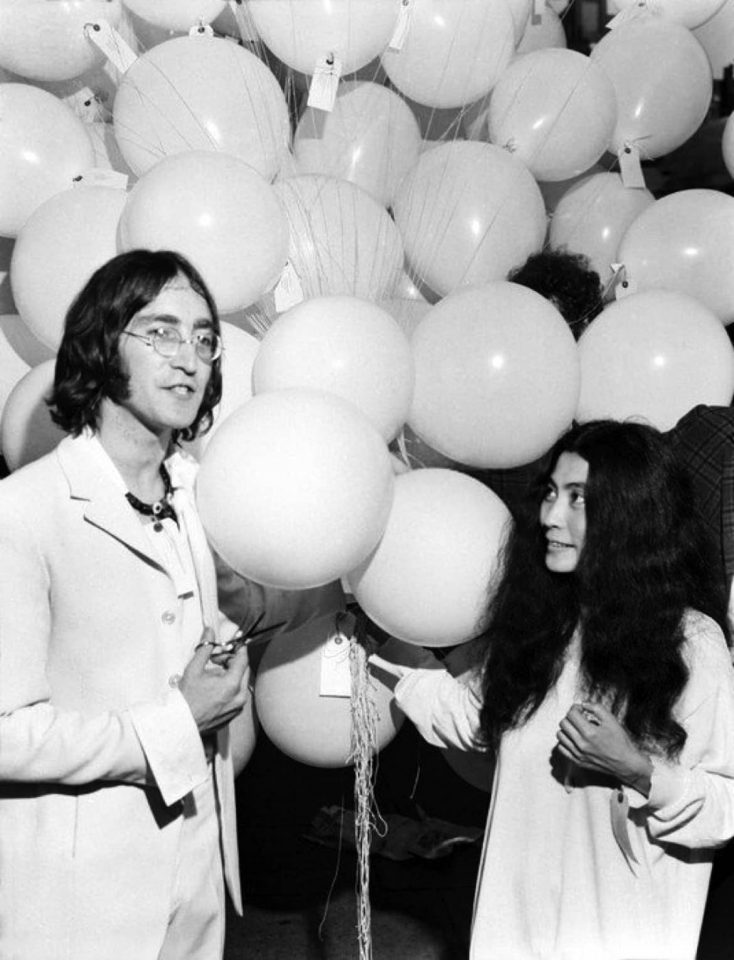 John Lennon and Yoko Ono at the opening of their exhibition You Are Here, 1 July 1968