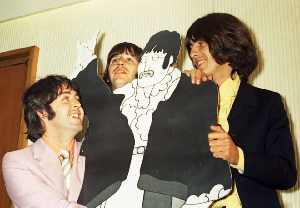 Paul McCartney, George Harrison and Ringo Starr at a Yellow Submarine press screening, 8 July 1968