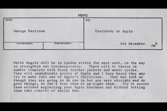 George Harrison's memo to Apple staff about the Hells Angels, 4 December 1968