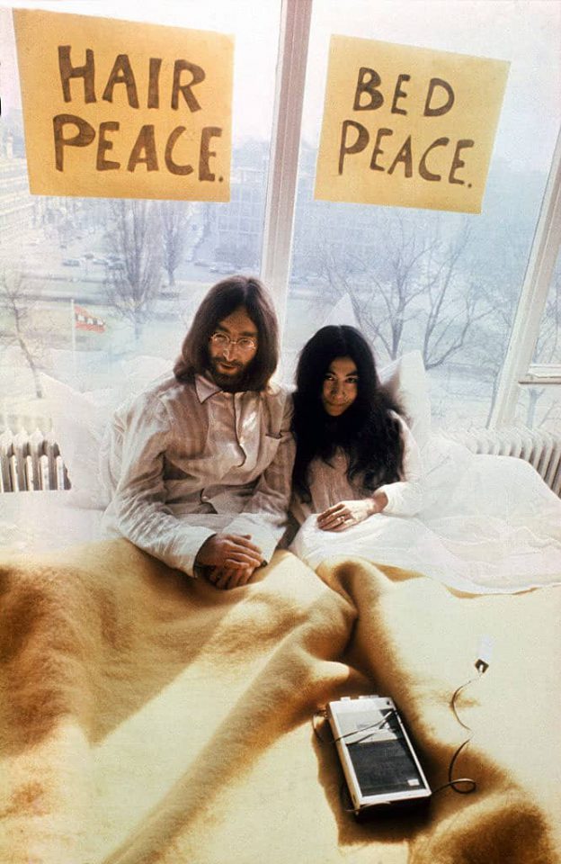 John Lennon and Yoko Ono at the first bed-in for peace at the Amsterdam Hilton, March 1969