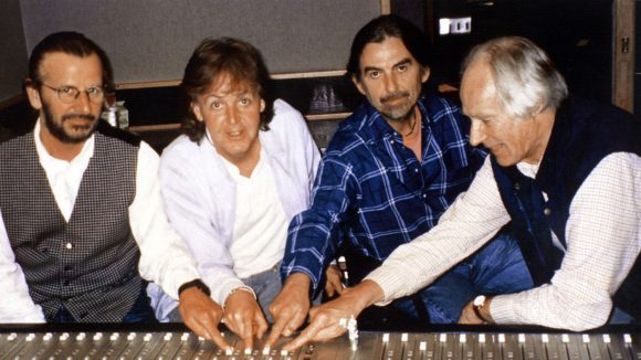 Ringo Starr, Paul McCartney, George Harrison, George Martin, 1995