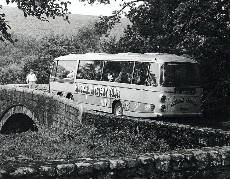 The Beatles' Magical Mystery Tour coach gets stuck on a br