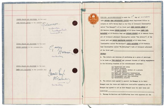 Contract signed by The Beatles and Brian Epstein, 1 October 1962