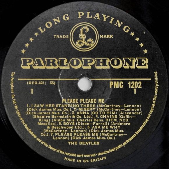 Label for The Beatles' Please Please Me vinyl LP (side 1)