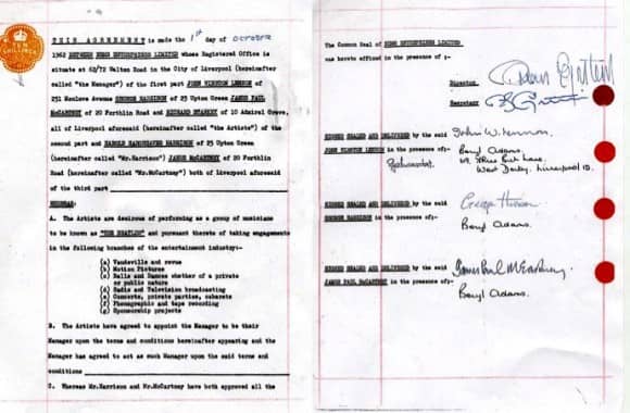 The Beatles' contract with Brian Epstein, signed on 1 October 1962