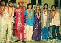 George Harrison, Paul McCartney, Shah Jahan, Donovan, Pattie Harrison, John Lennon and Paul Horn in India, 17 March 1968