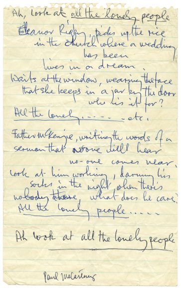 Paul McCartney's handwritten lyrics for Eleanor Rigby