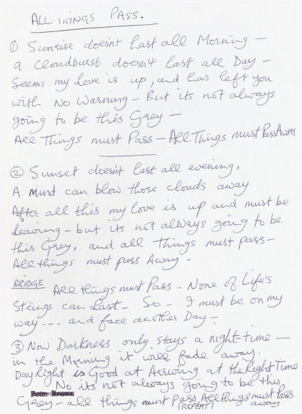 George Harrison's handwritten lyrics for All Things Must Pass