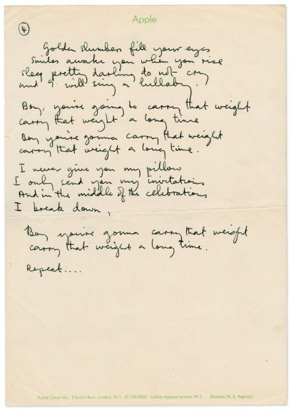 Paul McCartney's handwritten lyrics for Golden Slumbers/Carry That Weight