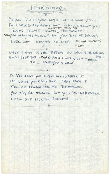 Lyrics for Helter Skelter, transcribed by Mal Evans