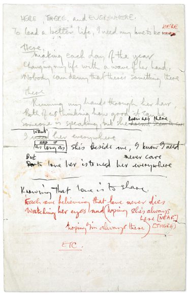 Paul McCartney's handwritten lyrics for Here, There And Everywhere