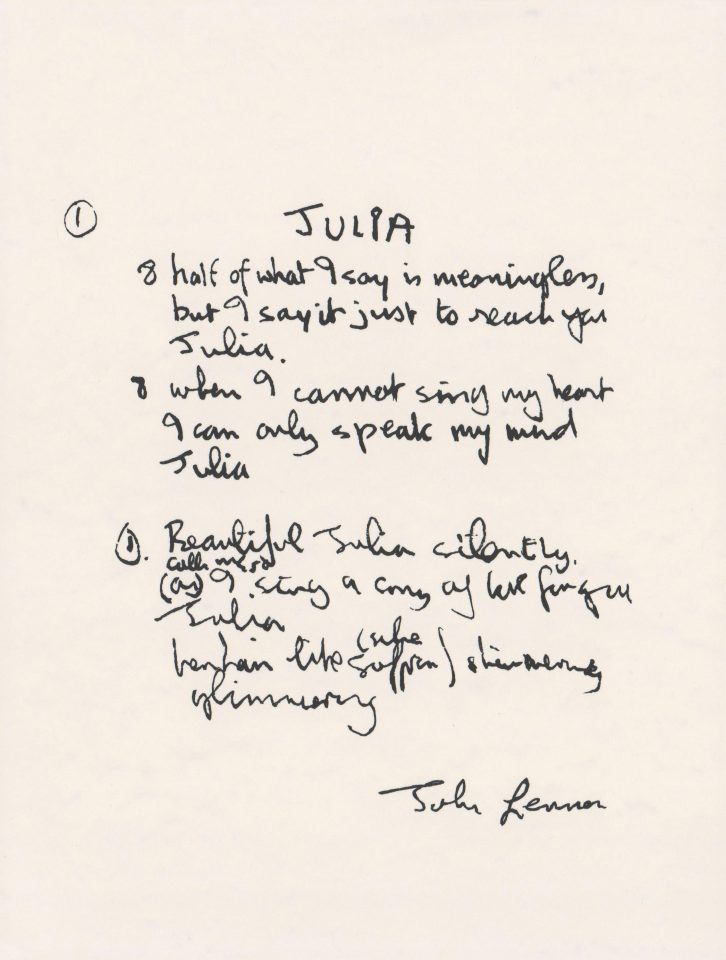 John Lennon's handwritten lyrics for Julia