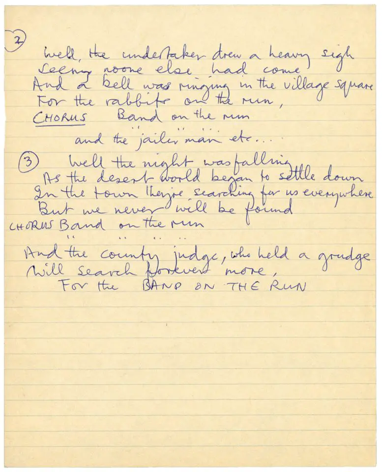 Paul McCartney's handwritten lyrics for Band On The Run