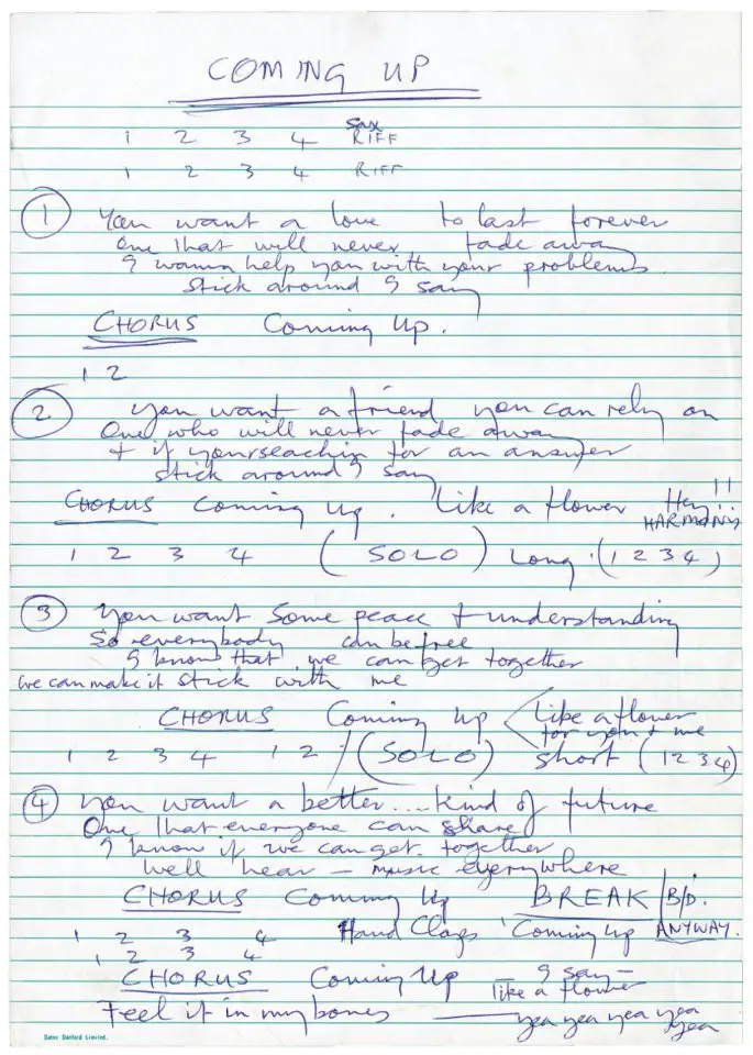 Paul McCartney's handwritten lyrics for Coming Up