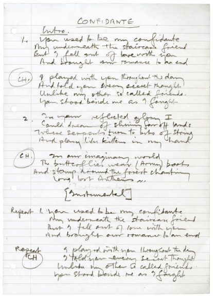 Paul McCartney's handwritten lyrics for Confidante