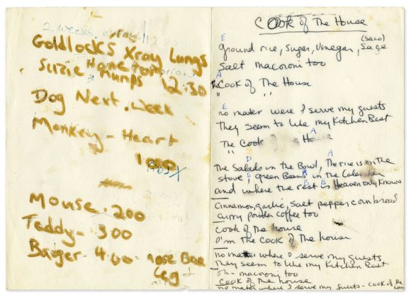 Paul McCartney's handwritten lyrics for Cook Of The House