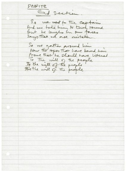 Paul McCartney's handwritten lyrics for Despite Repeated Warnings