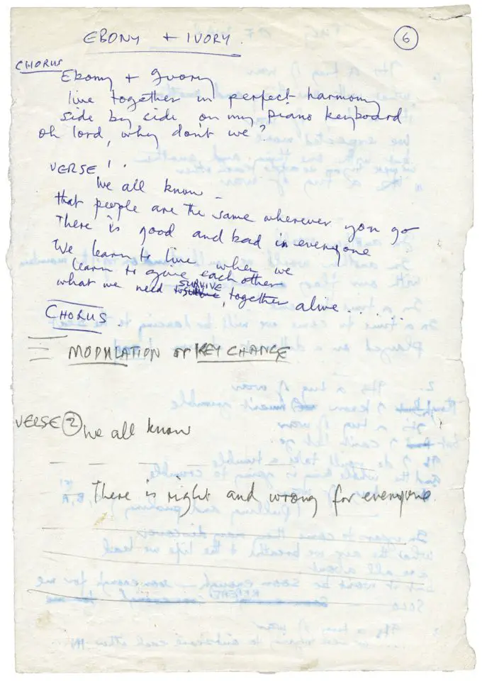 Paul McCartney's handwritten lyrics for Ebony And Ivory