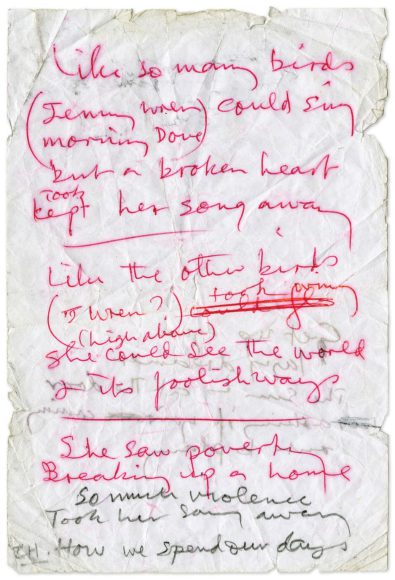 Paul McCartney's handwritten lyrics for Jenny Wren