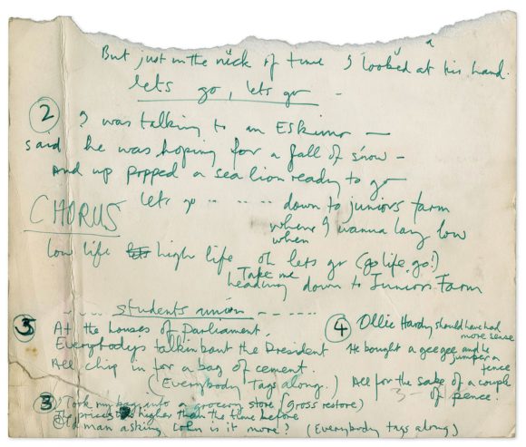 Paul McCartney's handwritten lyrics for Junior's Farm