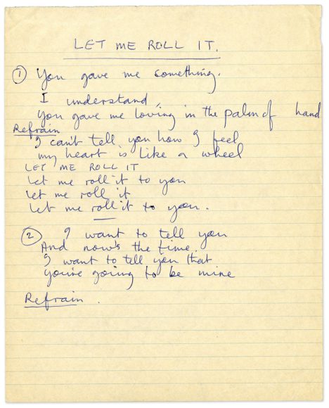 Paul McCartney's handwritten lyrics for Let Me Roll It