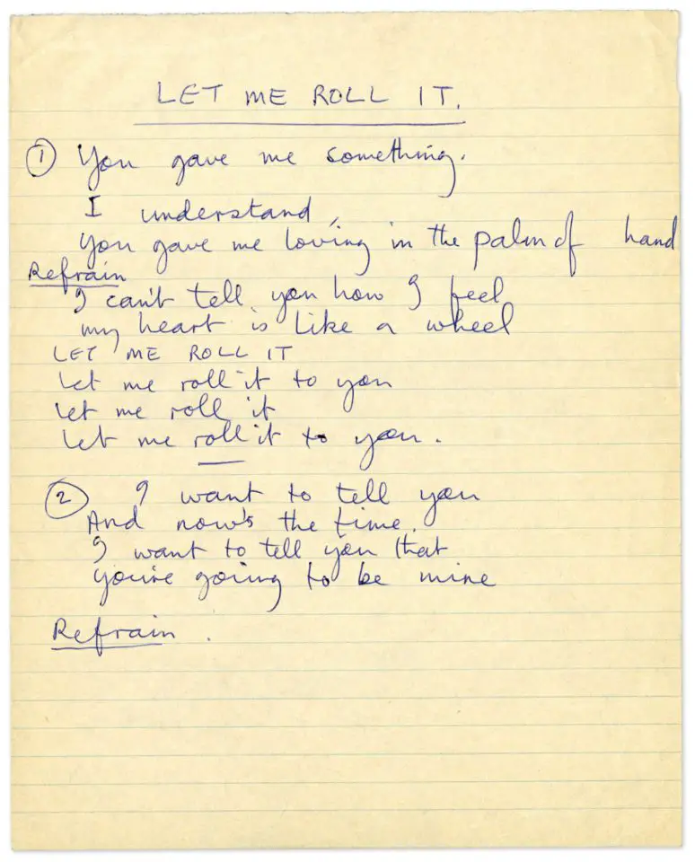 Paul McCartney's handwritten lyrics for Let Me Roll It