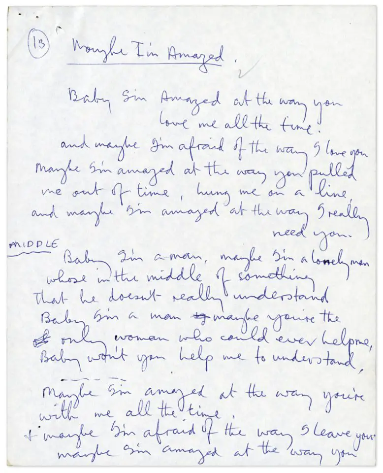 Paul McCartney's handwritten lyrics for Maybe I'm Amazed