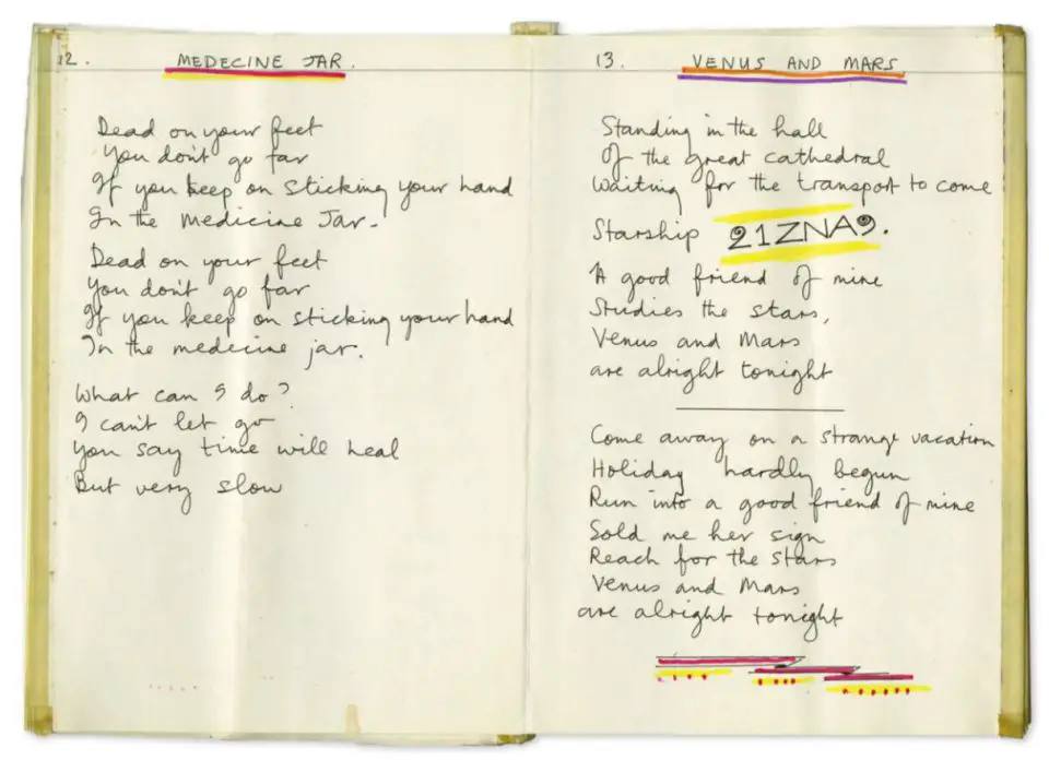 Paul McCartney's handwritten lyrics for Medicine Jar and Venus And Mars (Reprise)