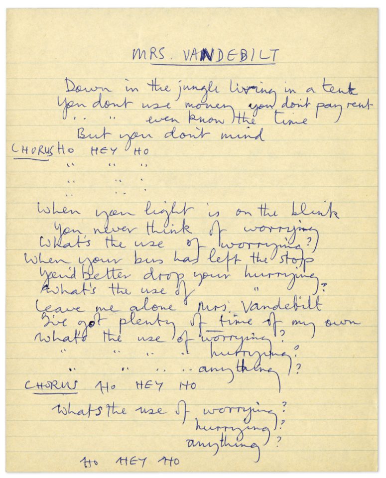 Paul McCartney's handwritten lyrics for Mrs Vandebilt