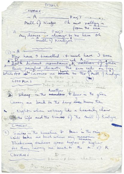 Paul McCartney's handwritten lyrics for Mull Of Kintyre