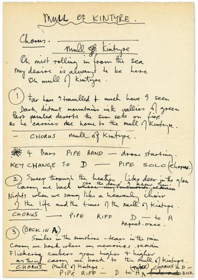 Paul McCartney's handwritten lyrics for Mull Of Kintyre