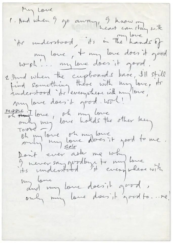 Paul McCartney's handwritten lyrics for My Love