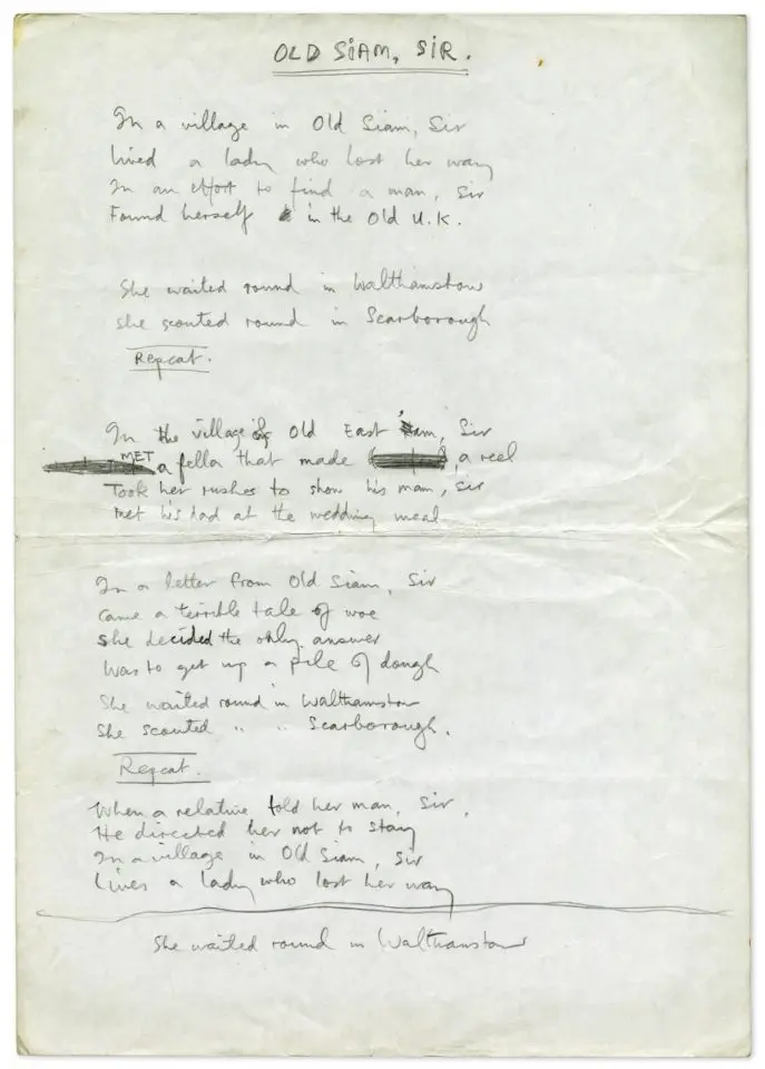 Paul McCartney's handwritten lyrics for Old Siam, Sir