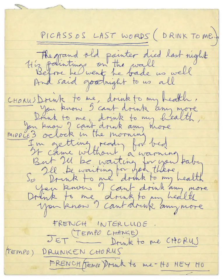 Paul McCartney's handwritten lyrics for Picasso's Last Words (Drink To Me)