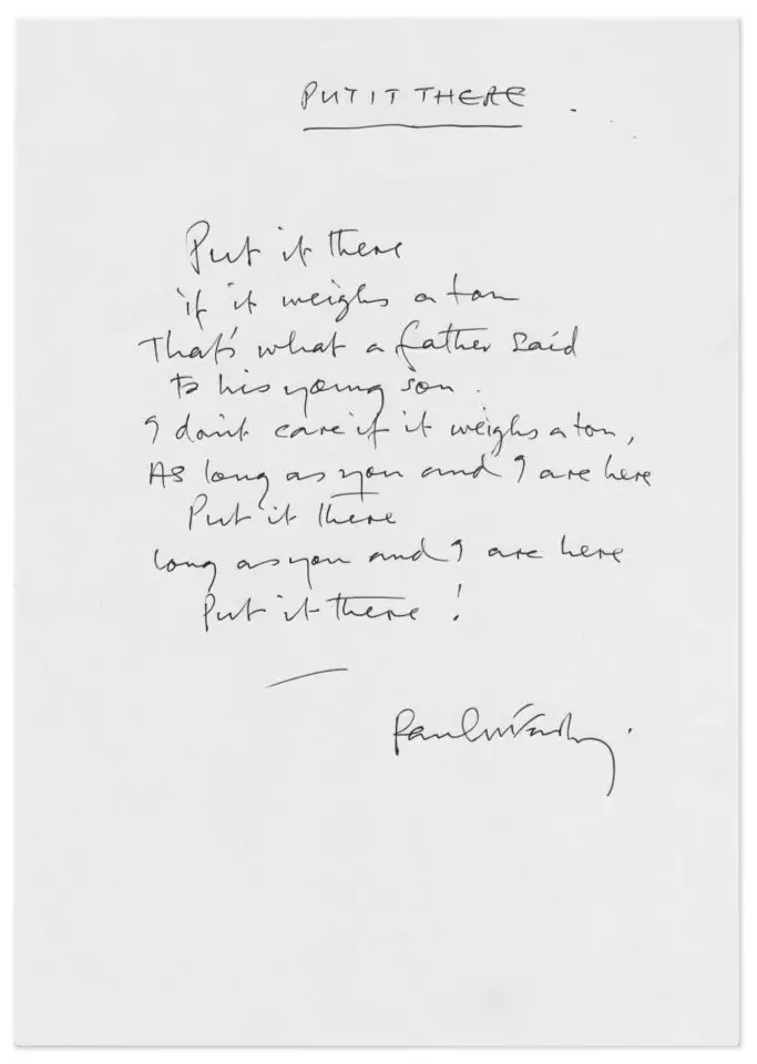 Paul McCartney's handwritten lyrics for Put It There
